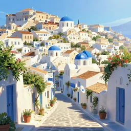 a street view of a greek rural city, artgerm, anime style, pixar and disney style, high quality, highly detailed, high coherence, path traced, beautiful, elegant, geometrically correct, realistic, digital painting, masterpiece, digital art, concept art, unreal engine 5, daytime