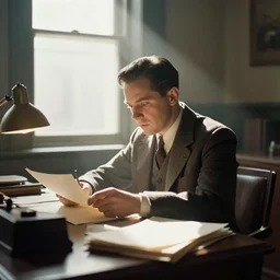a 1 9 5 0 s detective in his office, sunbeams streaming through the window