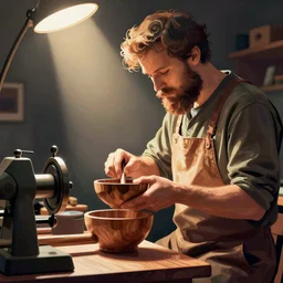 bearded man turns wooden bowl using woodlathe, lathe, machinery, vector art