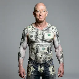 jeff bezos with body paint of 100 dollar bills