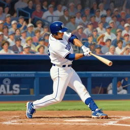 baseball player hitting the ball with the baseball bat in the middle of the game and in front of everyone in the stadium, james gurney painting style