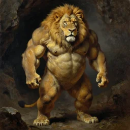 oversized muscular lion as witcher human legs full body portrait pose , very textured detailed oil painting by rembrandt , hard backlight , in dark cave