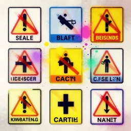 digital art, concept design, colourful spray paint splatters, health and safety decals, cinematic, by francoise nielly
