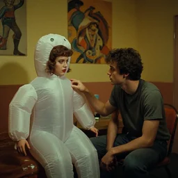 still from a 1980 arthouse film about a depressed housewife dressed as a squishy inflatable toy who meets a handsome younger man in a seedy motel room, color film, 16mm soft light, weird art on the wall
