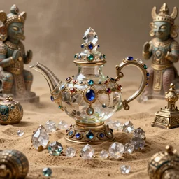 epic view of an ancient Glass Oil Lamp surrounded by crystals, covered in jewels, ornate, surrounded by strange statues and treasure, full of sand and dust, hyper real, Indiana Jones, Tomb Raider, trending on artstation, concept art, cinematic, jewels, by Greg Rutkowski