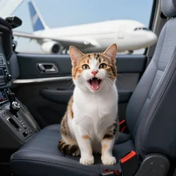 a calico kitten sitting in the pilot seat of a jumbo jet panicking because it doesn't know how to fly, flickr explore