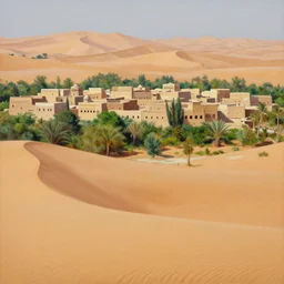 arabian village, sand, lush vegetation, dune, sharp focus, wide shot, trending on artstation, masterpiece, by greg rutkowski, by ross tran, by fenghua zhong, octane, soft render, oil on canvas, colorful, cinematic, environmental concept art