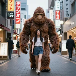 female bigfoot walking through the streets of Japan with neon signs lining the streets illumated