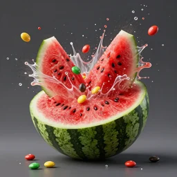 watermelon blows up, explosion, and there are skittles inside, bursting