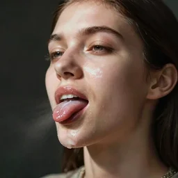 woman with white liquid on her tongue