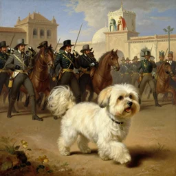 a cream-colored havanese dog leading the Mexican forces against Spain, 1800, oil painting