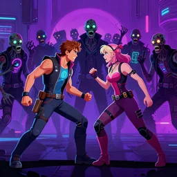 jaime and brienne fighting side by side, two warriors against a horde of neon zombies, cyberpunk art by james gilleard, cgsociety, retrofuturism, synthwave, retrowave, outrun