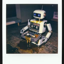 a vcr robot birthing a vcr cassette, oil leaking, messy oil everywhere, detailed, intricate, shocking, 1 9 7 1, polaroid photo, tv screenshot, horror