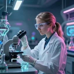 [ amelie as a scientist ]! working in a [ futuristic laboratory ]!, digital art!, trending on [ cgsociety ]!, cinematic still, neon! colors, bioluminescent lighting!, award winning, zbrush!
