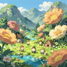 anime!!!! small gnome town in mountain landscape, cute warm, very large flowers, lush green, blue, anime style, water, sunny