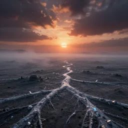 alien planet landscape, veins, crystals, out of this world, sunset, landscape, dramatic clouds, mist