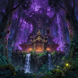 a giant forest temple at night, purple light, lush forest, waterfalls, fireflies, ornate architecture, vibrant colors, atmosphere, spectacular details, dramatic lighting, epic composition, wide angle, low angle, close up, by miyazaki, nausicaa ghibli, breath of the wild