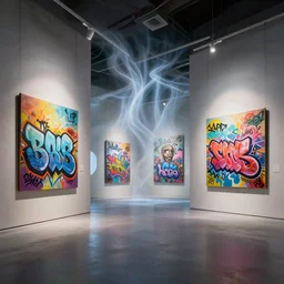 interior futuristic art gallery wide angle highly detailed by ricardo boffil, wall hanging paintings of grafitti art by saturno butto and wlod, captivating 8 k hdr, octane render godrays ( ( ethereal ghost motion blur ) )