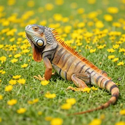 iguana on a field of yellow flowers