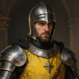 Closeup of frustrated male medieval sergeant with a {short} beard wearing a black!!!! and yellow tabard over a steel breastplate and a black gambeson no!!!!!!!!!!!!!!!!!!!! helm, intricate, dramatic lighting, illustration by Greg Rutkowski, ArtStation, digital art, fantasy