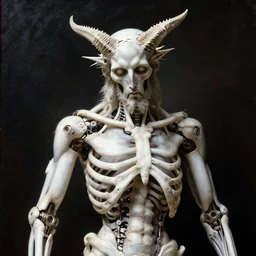 portrait of white biomechanical ribbed jesus christ baphomet covered with ribs white mechanical spines white muscle tissue ribbed spiky horns, lucid dream - like heavy atmosphere, baroque painting, harsh flash photo, perfect composition, detailed octane render trending on artstation, 8 k artistic photography, volumetric cinematic perfect light, chiaroscuro, masterpiece, raphael, caravaggio, beksinski, rutkowski