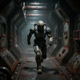 horror movie scene of an individual in futuristic power armor being chased down a hallway, running through a desolate deep space mining station, rusty metal walls, broken pipes, dark colors, muted colors, tense atmosphere, mist floats in the air, amazing value control, dead space, moody colors, dramatic lighting, ussg ishimura, frank frazetta