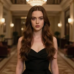 style artgerm, joshua middleton, jeremy lipking : : beautiful anna kendrick with black dress, very long wavy brown hair, symmetrical face, symmetrical eyes : : in a dimly lit beautiful hotel lobby : : detailed, cinematic lighting