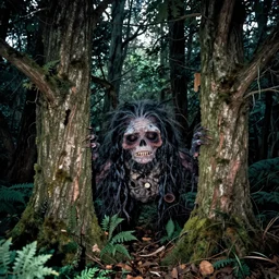 wide angle flash photo of a creepy anthropomorphic creature hiding behind trees in a magic forest by Daniel Merriam and Gustave Doré