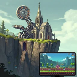 A mechanical cathedral on the side of a cliff, portal 2 screenshot, satisfactory screenshot, digital art, artstationhq, by Charles Sheeler and Jordan Grimmer and Victor Mosquera