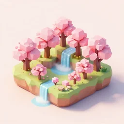 a cute little matte low poly isometric cherry blossom forest island, pink waterfalls, mist, lat lighting, soft shadows, trending on artstation, 3d render, monument valley, fez video game, rule of thirds