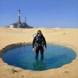 a solitary scuba divers is standing in a small wading pool. the pool is surrounded by desert sand ; factory in the background. the sky is cloudless. surrealist detailed oil painting, max ernst