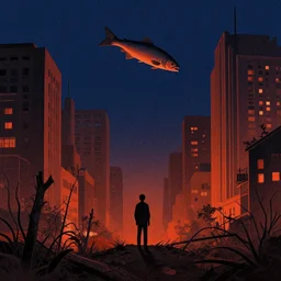 city overgrowth namture+a lone man+fish flying in the sky, Mads Berg, Karolis Strautniekas, film noir, stippled light, dramatic lighting,editorial illustration, detailed,fine texture, matte print, art deco, brutalism, dark blue + dark orange, red, black, ((habitat 67 background))