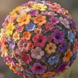 The Mandelbulb has grown flowers all over its surface. Full frame view. Colorful. Soft lighting. High Detail