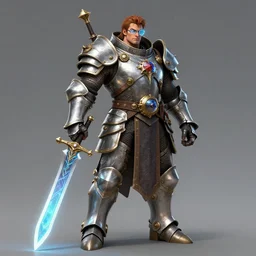 Full body picture, Male Holosmith, burly, DND, D&D, holographic blade!, steampunk-esque!, silver armor, tech glasses, extremely detailed, complete body!, by gary gygax, Rossdraws, genzoman and Frank franzzeta, trending on artstation, artstationHQ, artstationHD, cgsociety, 16K, HD