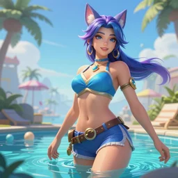 beautiful character sheet render of pool party Ahri (wild rift). 3d, octane render, realistic, highly detailed, trending on artstation