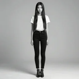 full body portrait of a beautiful young woman in black and white, photorealistic, hair down to waist, sharp focus, in the style of Kevin Kostic, Stephen Lau and artgerm, hyper sharp focus, 8k highly detailed
