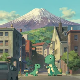 Lofi downtown vibes by Mattias Adolfsson, downtown buildings in the foreground in studio ghibli style, little dinosaur creatures in the foreground by Vincent Di Fate, a mountain, the background is battle mountain