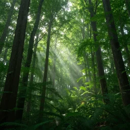 A lush green forest in the morning; rays of light coming through the canopy; trending on artstation