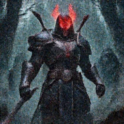 extremely detailed depiction of an armored dark assassin warrior in a dark evil forest, glowing crimson head, crimson fire head, Ultron, speedster, Darth Vader, fantasy art, fog, heavy armor, knights armor, cinematic pose, 8k, villain, maximalist