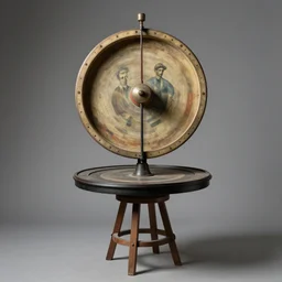 a spinning wheel sitting on top of a stool, a surrealist sculpture by marcel duchamp, behance, fluxus, studio portrait, academic art, studio light