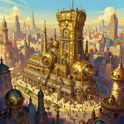 artstation concept of a city inspired by steampunk, with numerous steampunk historic elements from industrial light and magic, bright colorful, gold, hyperdetailed, artstation trending, world renowned artists, worth1000.com, historic artworks society, antique renewel, cgsociety, by greg rutkowski, by Gustave Dore, Deviantart