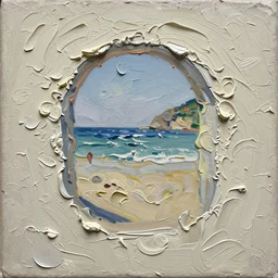 palette knife painting of a close up of a three - dimensional thick impasto oil painting of a beautiful italian beach scene, seen through complex globular texture, lots of thick encrusted paint, vast amounts of wax - like lines of dripping oil paint cover nearly everything, painted by redon, background thick encrusted paint