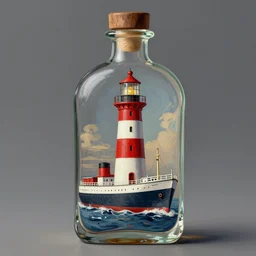 imagine a ship in a bottle but instead of a ship a lighthouse is in the bottle, red and white lighthouse, fancy whiskey bottle, masterpiece painting by greg rutkowski
