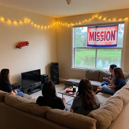 college student apartment, too many couches, the bois partying, entertainment system, toy car nailed to the wall, fairy lights, window facing small pond, mission accomplished banner