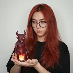full photo of a guy with chestnut hair long hair glasses holding a litte demon