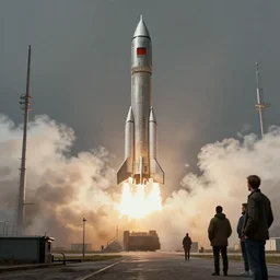 detailed ultra - realistic graphic novel illustration of a dystopian rocket launch scene by edward hopper and gregory crewdson, cinematic, muted colors, cinematic fog, full shot, george adult, carel willink, mc escher, norman rockwell
