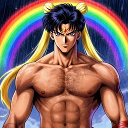 crossdressing magical man in anime style, man face, illustration, hairy, muscular, male, digital painting, artstation, simon stalenhag, epic, stunning, rainbows, sailor moon, hdr, highly detailed