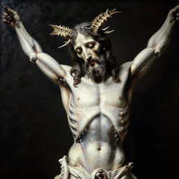 portrait of ribbed jesus christ covered with ribs white mechanical spines white muscle tissue ribbed spiky horns, lucid dream - like heavy atmosphere, baroque painting, harsh flash photo, perfect composition, detailed octane render trending on artstation, 8 k artistic photography, volumetric cinematic perfect light, chiaroscuro, masterpiece, raphael, caravaggio, beksinski, rutkowsk