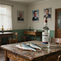 landscape fish and bottle vodka in old table in old ussr rooms with picture brezhnev in walls, by nicoletta ceccoli, mark ryden, lostfish, max fleischer, depth of field, detailed and intricate environment, 8 k resolution, hyperrealistic, octane render, no human