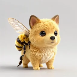 the hybrid of a dog and bumblebee the dog has wings the dogs coat looks like a bee, chimera, photo realistic, realistic lighting, stunning, flying bee, the dog is wearing a flower hat full of bees
